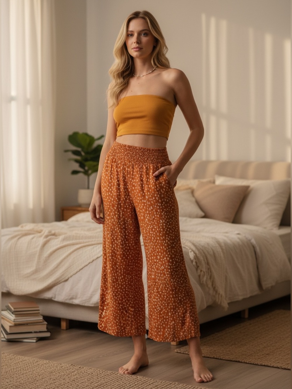 Rip Curl Wide Leg Smocked Waist Pants XS Rust Orange White Print